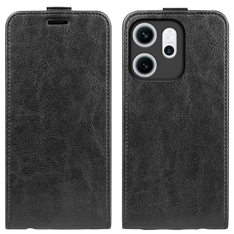 Black textured leather vertical flip phone case with triple camera cutouts