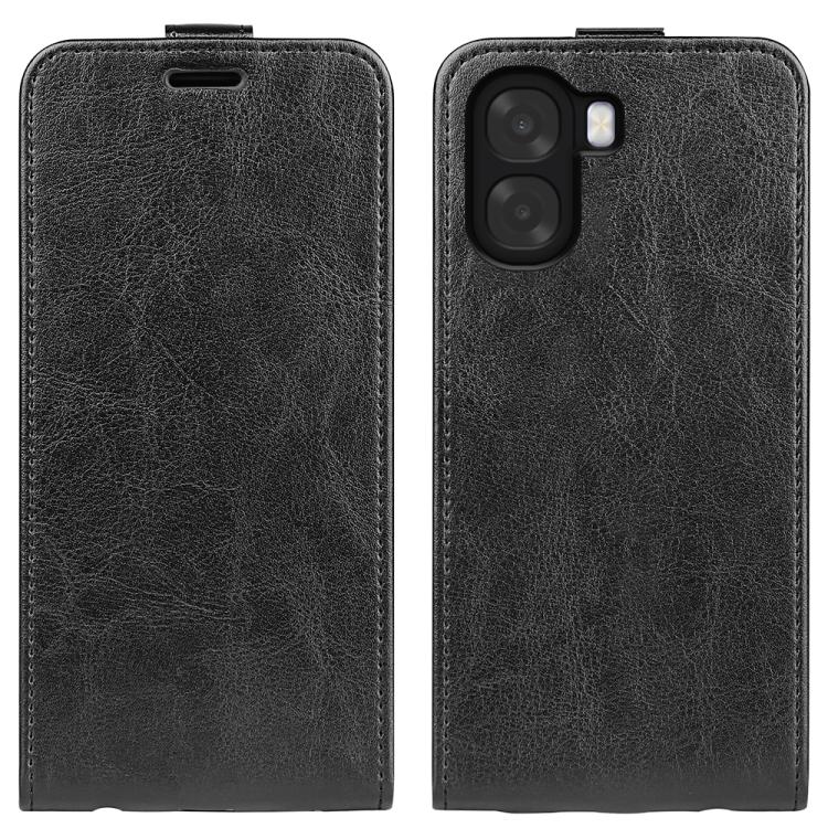 Black textured leather flip phone case with visible camera and flash cutouts
