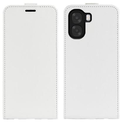 White textured leather flip phone case with visible camera and flash cutouts