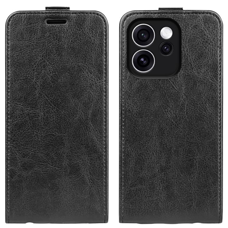 Black textured leather flip phone case with front cover and back camera cutout