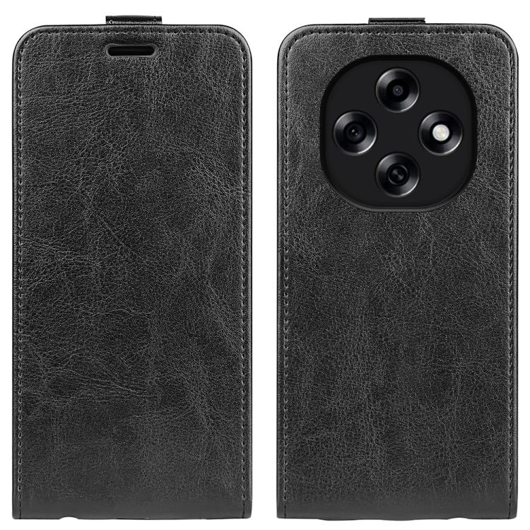 Black textured leather vertical flip phone case with camera cutout