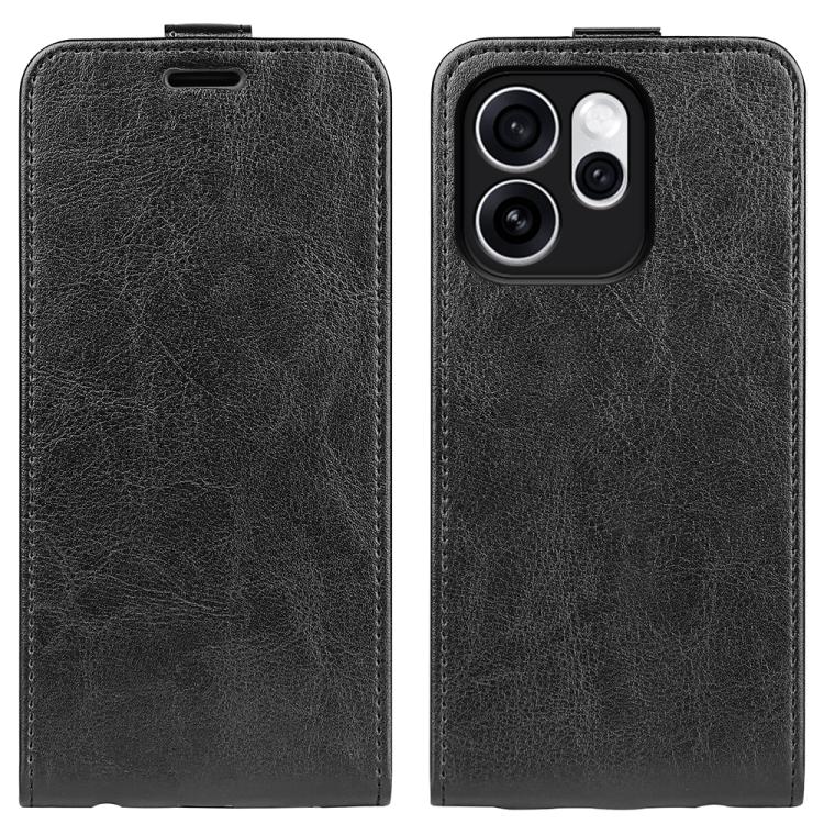 Black textured leather vertical flip phone case with camera cutout