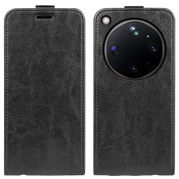 Black textured leather vertical flip phone case with camera cutout
