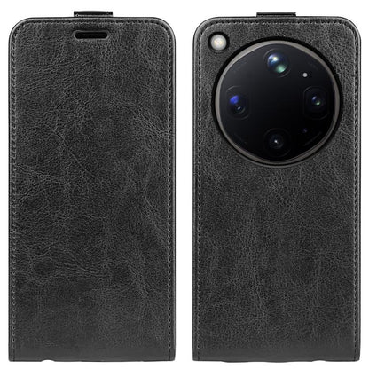 Black textured leather vertical flip phone case with camera cutout