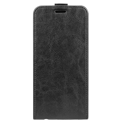 Black textured vertical flip leather phone case with top speaker cutout