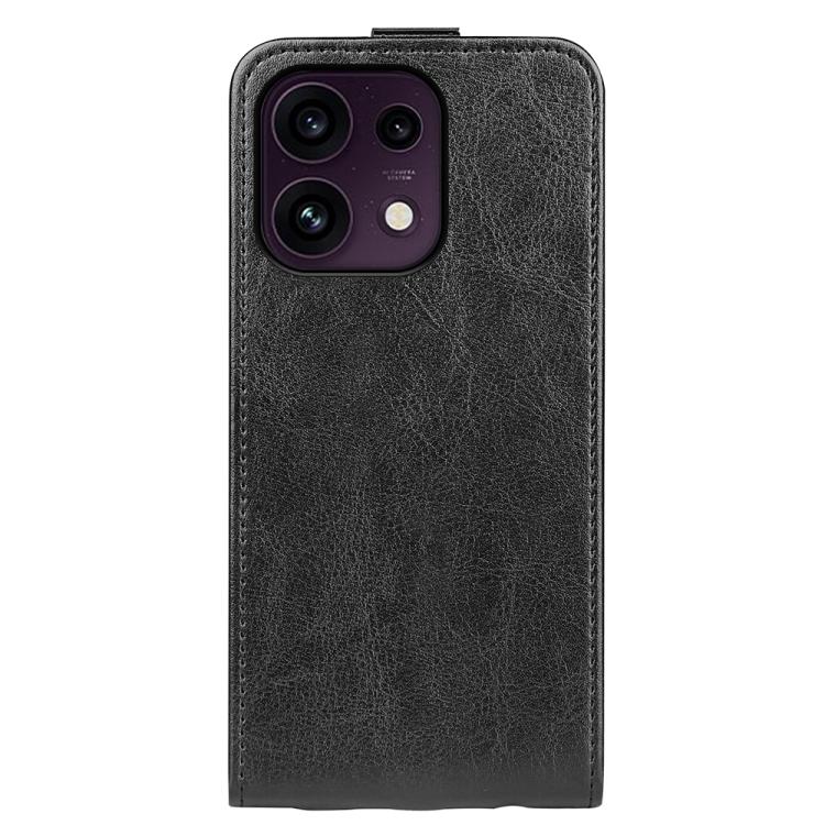 Black textured vertical flip leather phone case, front cover open to show camera