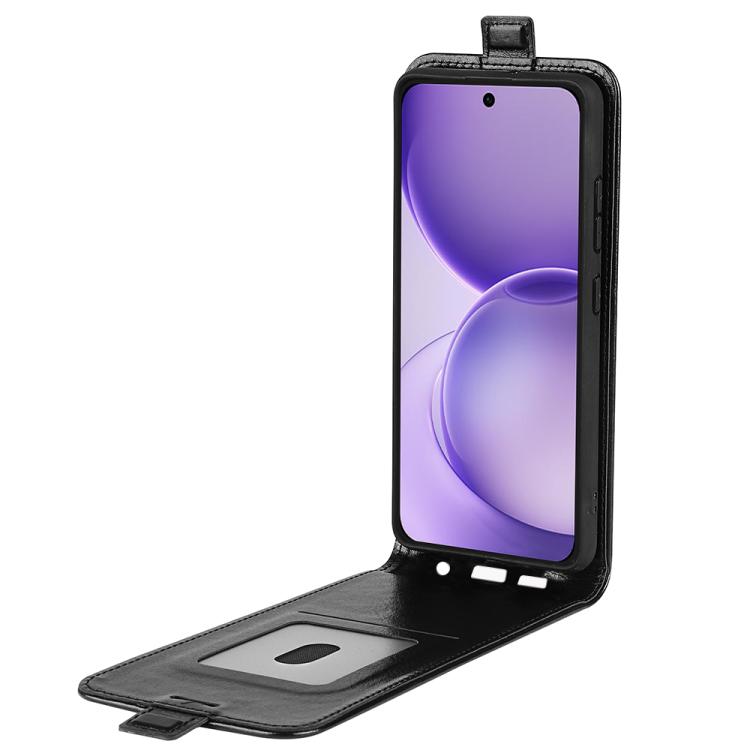 Black textured vertical flip leather phone case with fold-out card slot and viewing stand