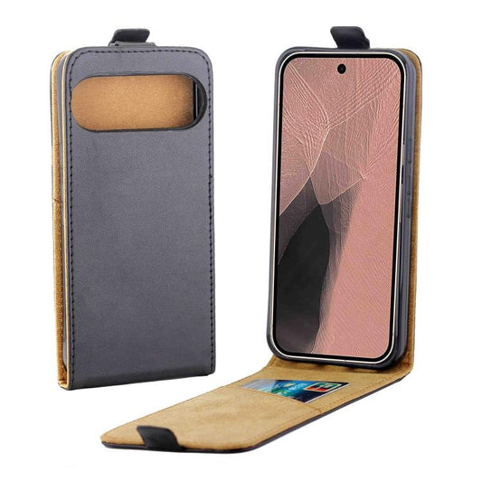 Vertical flip leather phone case with card slot, dark gray with tan interior, open view