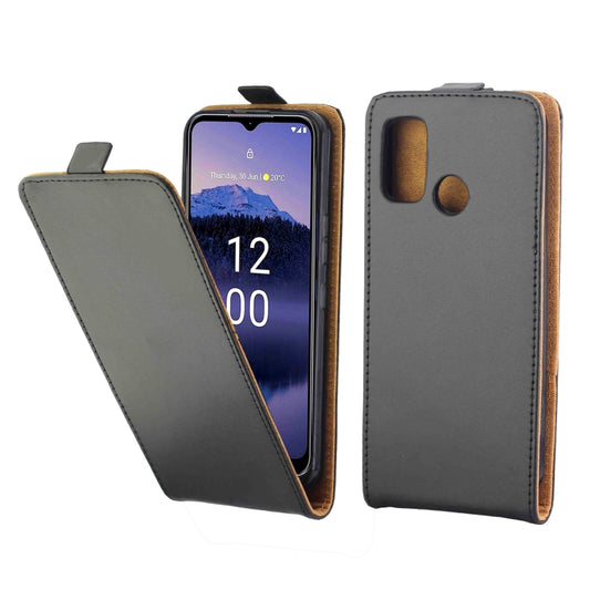 Vertical flip phone case in dark gray with card slot, fold-over screen cover