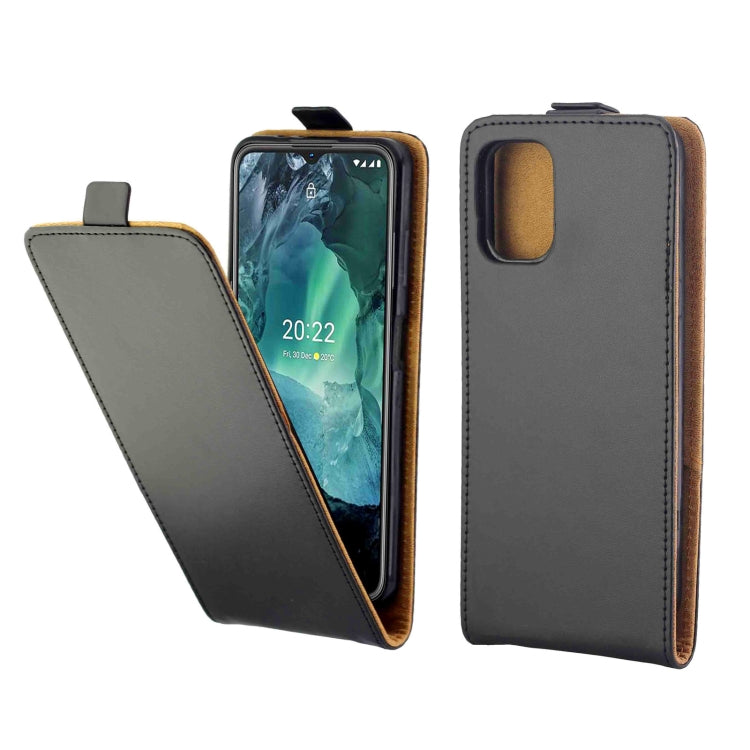 Vertical flip phone case in dark gray with card slot, open flip view
