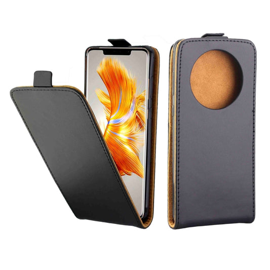 Vertical flip leather phone case with card slot, open view, dark gray with oval window