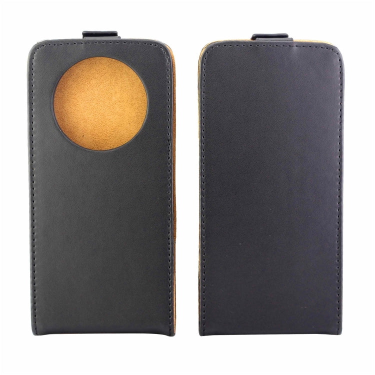 Vertical flip leather phone case with card slot, dark gray, front and back view with oval window