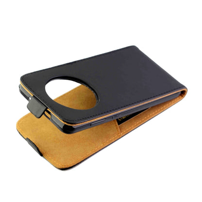 Vertical flip leather phone case with card slot, dark gray cover and tan interior, angled
