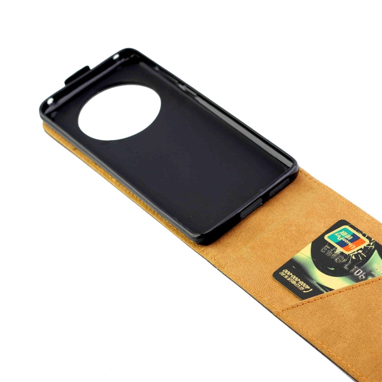 Vertical flip leather phone case with card slot, dark gray back and tan card pocket, close-up