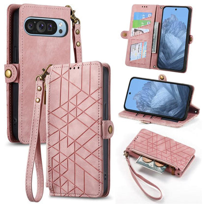 Pink geometric zipper wallet phone case with side buckle, wrist strap, and card slots.