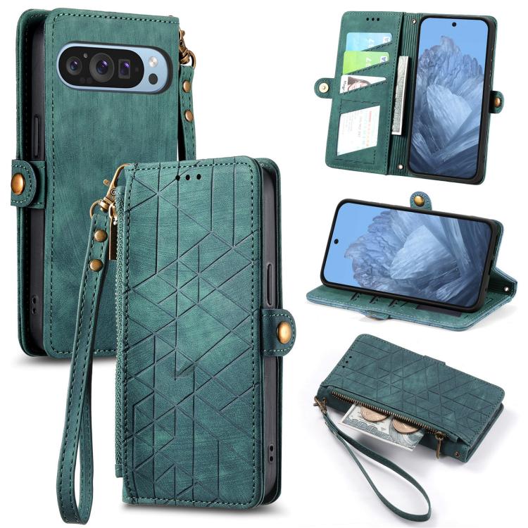 Green geometric zipper wallet phone case with side buckle, wrist strap, and card slots.