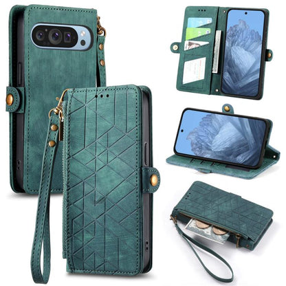 Green geometric zipper wallet phone case with side buckle, wrist strap, and card slots.