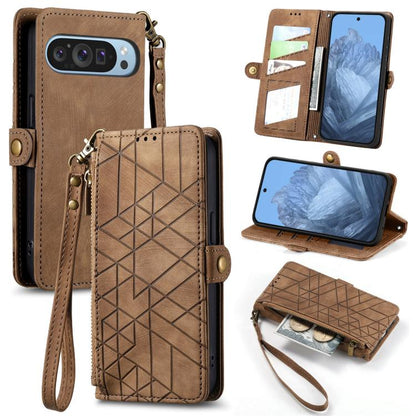Brown geometric zipper wallet phone case with side buckle, wrist strap, and card slots.