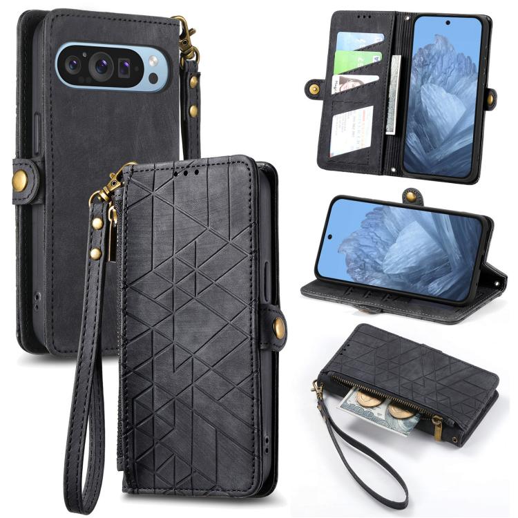Black geometric zipper wallet phone case with side buckle, wrist strap, and card slots.