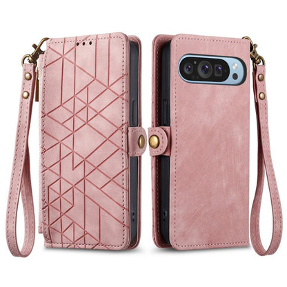 Pink geometric leather wallet phone case with zipper closure and wrist strap, card slots