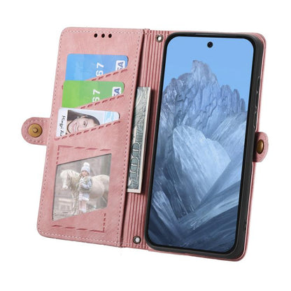 Pink leather wallet phone case with geometric panel, card pockets, and wrist strap