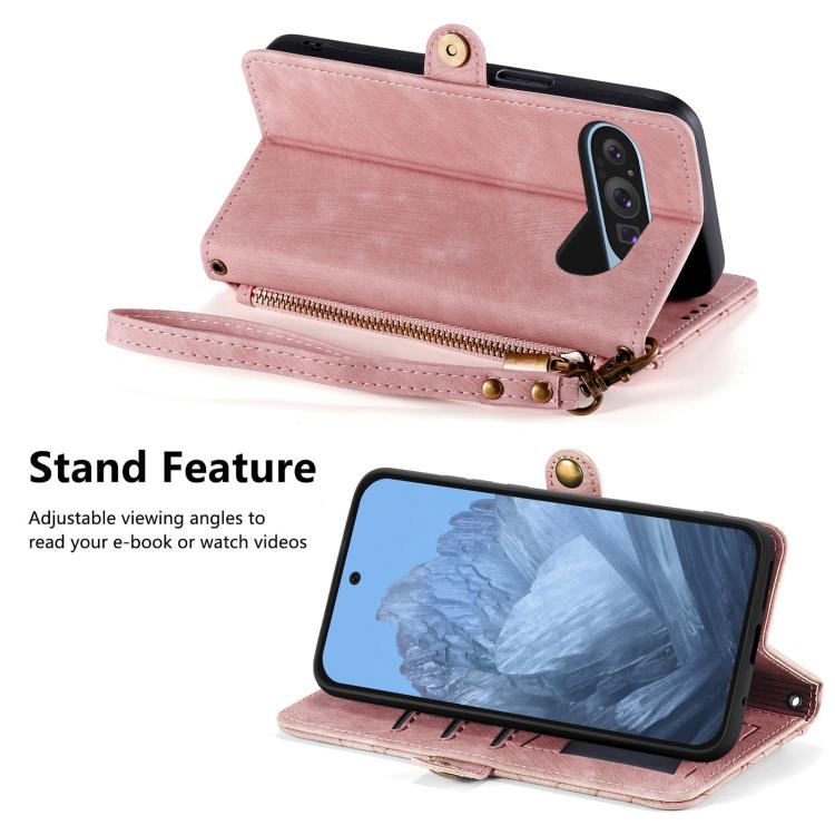 Pink leather wallet phone case with zipper pocket and fold-out stand for video viewing