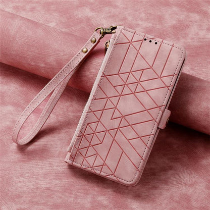 Pink geometric leather wallet phone case with zipper and wrist strap, close-up