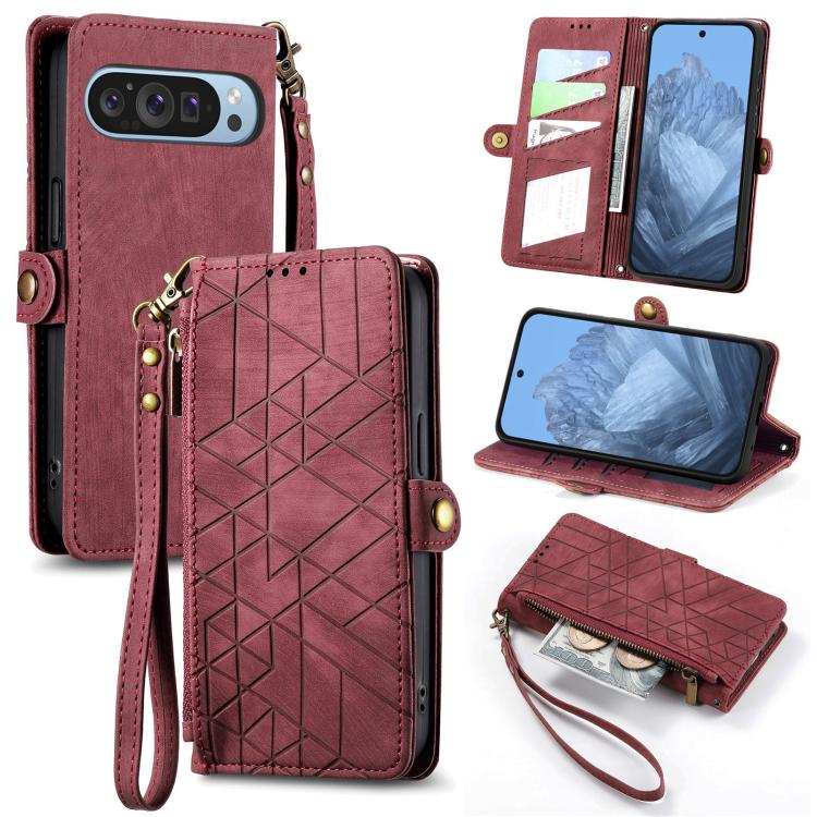 Red geometric leather wallet phone case with zipper, wrist strap, and card slots