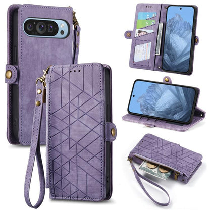Purple geometric leather wallet phone case with zipper, wrist strap, and card slots