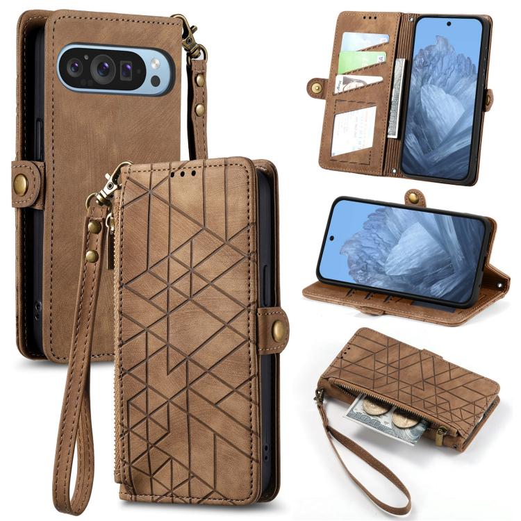 Brown geometric leather wallet phone case with zipper, wrist strap, and card slots