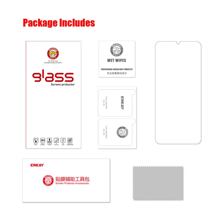 Screen protector package contents with tempered glass and cleaning wipes