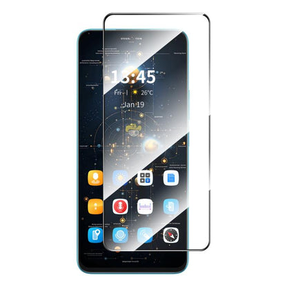 Clear tempered glass screen protector installed on smartphone screen