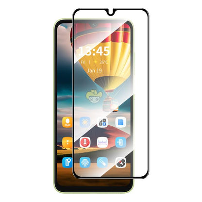 Clear full glue tempered glass screen protector installed on a phone display