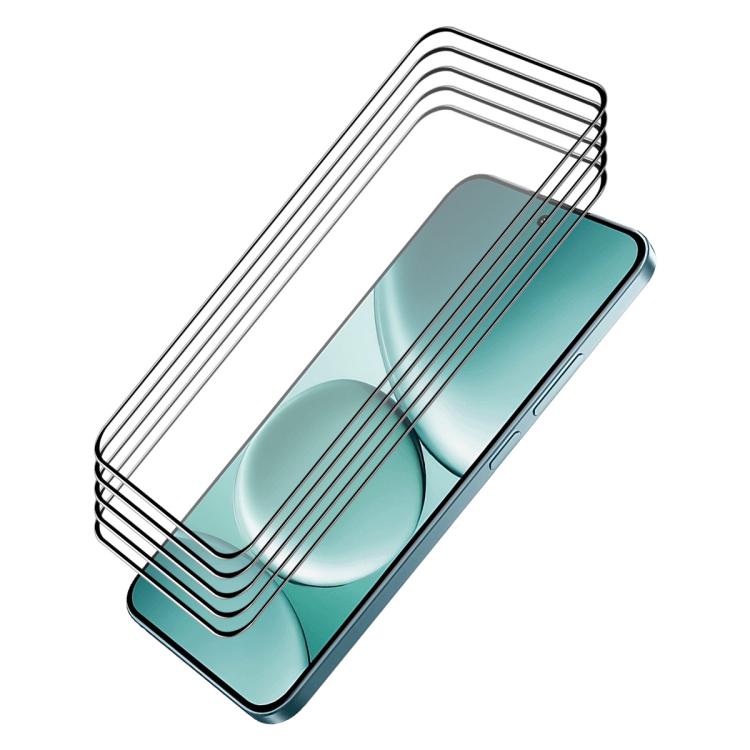 Full-glue tempered glass screen protectors set of 5, stacked on a turquoise phone