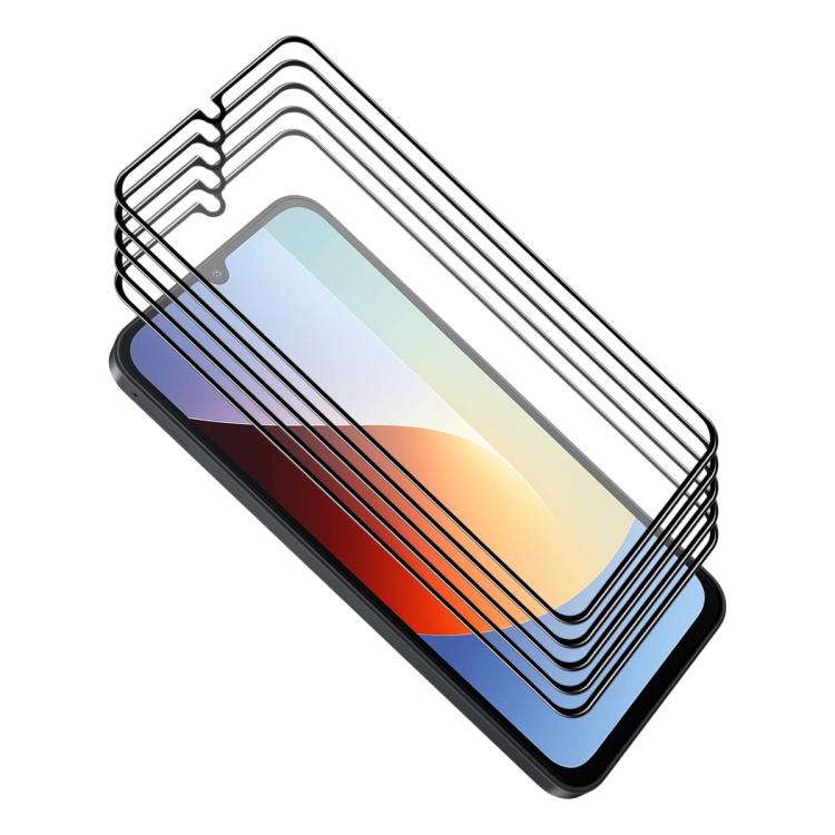 Full-glue tempered glass screen protectors set of 5, angled stack on black phone