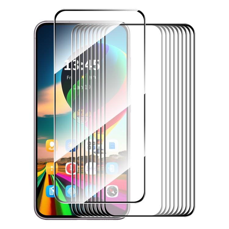 10-pack full-glue tempered glass screen protectors, stacked clear films on smartphone