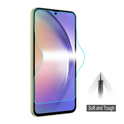 Full-coverage hydrogel screen protector film on smartphone screen, clear protective layer