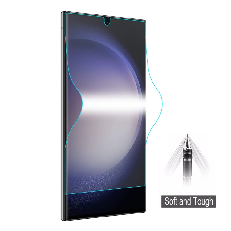 Full-coverage hydrogel screen protector film on smartphone, transparent film with cutout