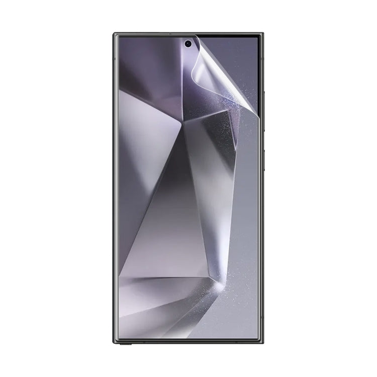 Full-coverage hydrogel screen protector film fitted to smartphone front, clear protective sheet
