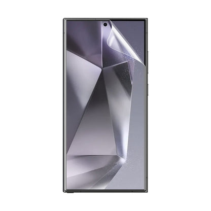 Full-coverage hydrogel screen protector film fitted to smartphone front, clear protective sheet