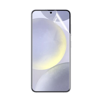 Full-coverage hydrogel screen protector film on smartphone front, transparent protective layer