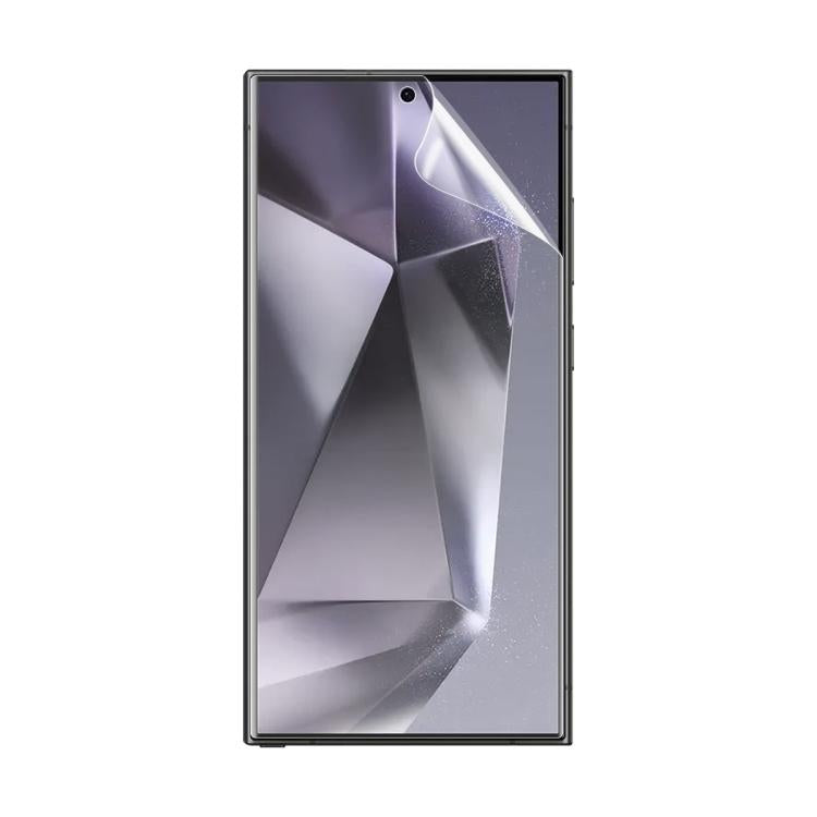 Clear hydrogel screen protector film sheet with notch cutout, full front coverage shape