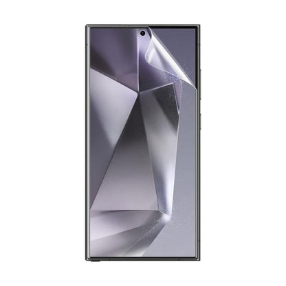 Clear hydrogel screen protector film sheet with notch cutout, full front coverage shape
