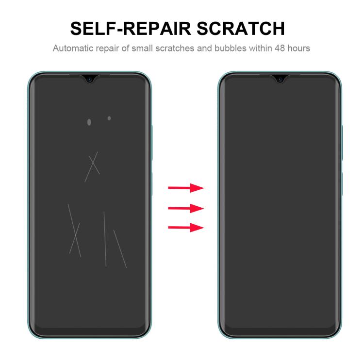 Self-repair hydrogel screen protector film on two smartphone screens, scratch effect