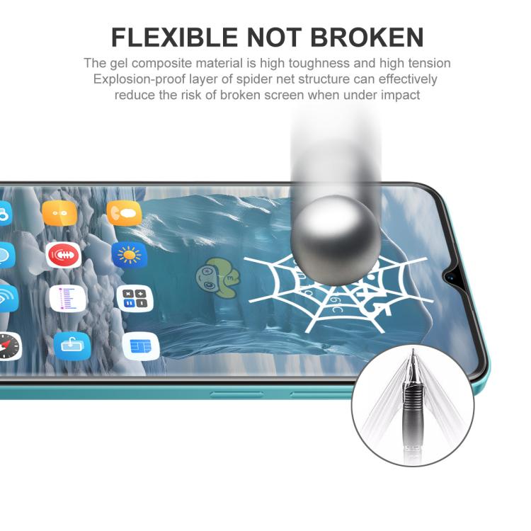 Flexible hydrogel screen protector film on a smartphone screen with impact test graphic
