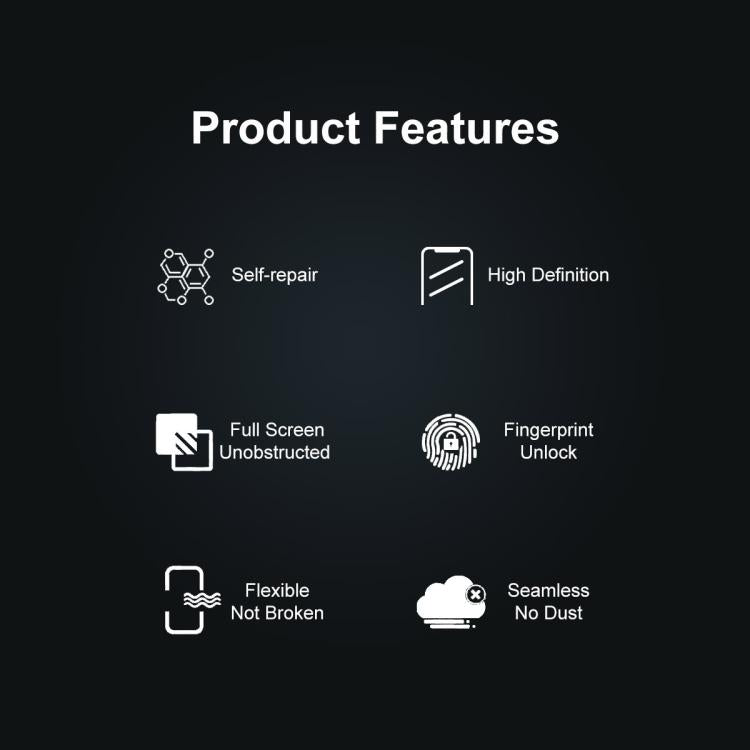 Hydrogel screen protector features icons including self-repair and high definition