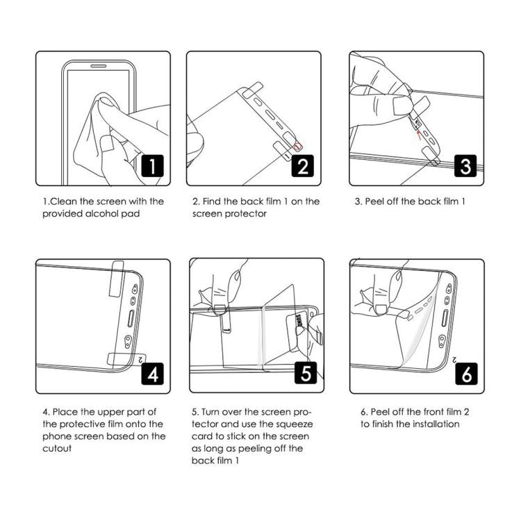Screen protector installation steps showing alignment and smoothing on a phone