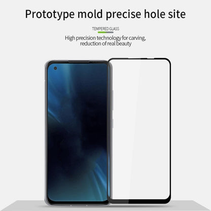 Full-screen tempered glass screen protector with cutouts, shown beside smartphone