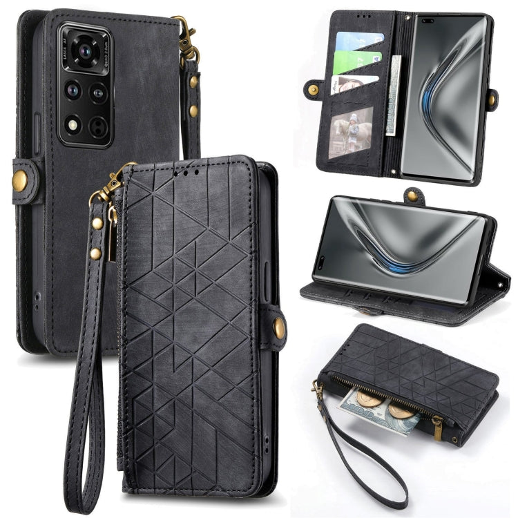 Geometric Zipper Wallet Side Buckle Leather Phone Case, For Honor 50 Pro, For Honor 50, For Honor 50 SE, For Honor V40