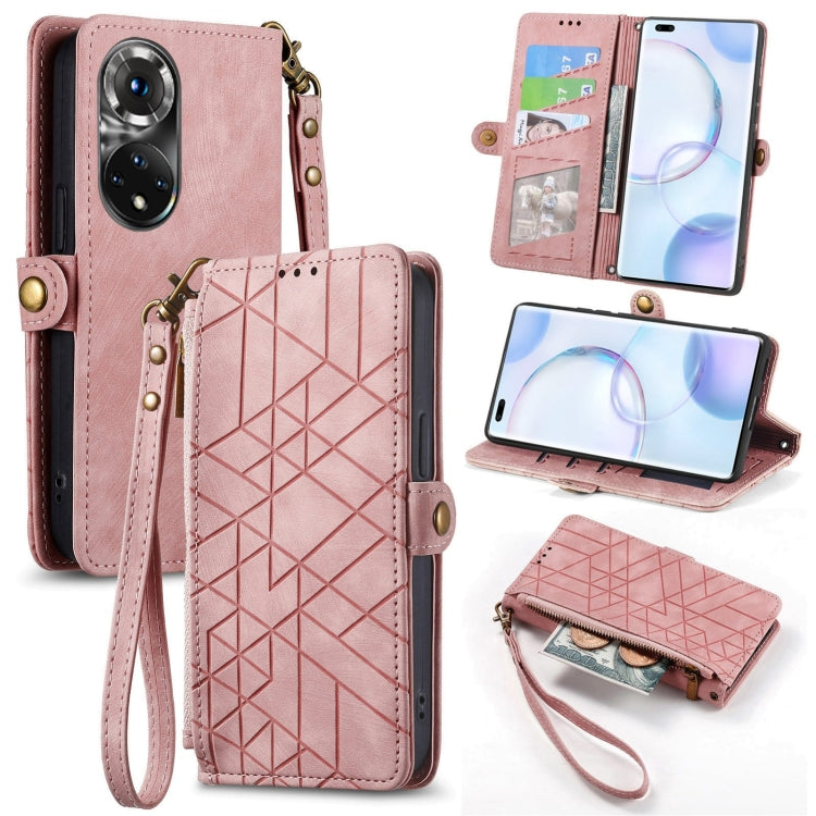 Geometric Zipper Wallet Side Buckle Leather Phone Case, For Honor 50 Pro, For Honor 50, For Honor 50 SE, For Honor V40